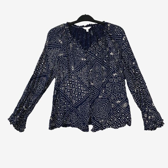 Lucky Brand Women's Boho Flowy Top Tunic Navy Peasant M Long Sleeve Buttoned‎ - Picture 1 of 8
